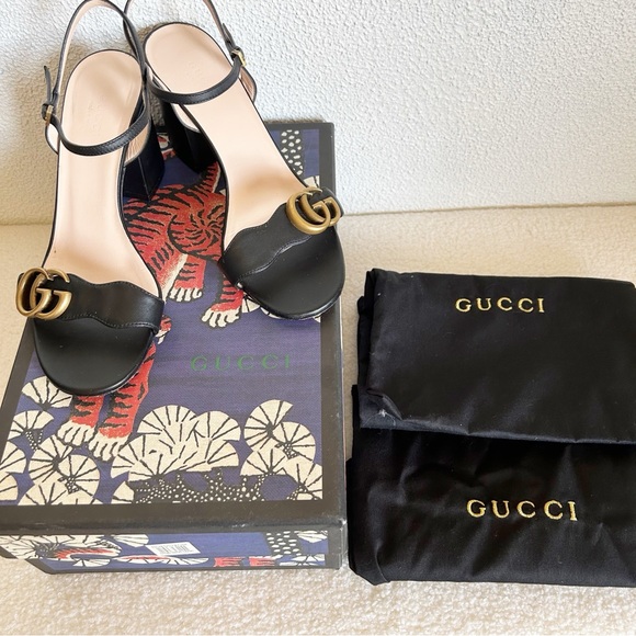 Gucci Marmont Black Leather Block Heel Sandals Size EU 37 - Picture 2 of 15